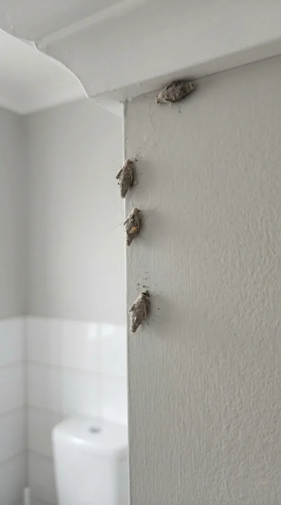 Close-up of plaster bagworms attached to a bathroom wall and ceiling corner