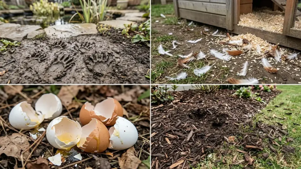 Common signs of raccoon feeding in a yard, including muddy tracks, scattered feathers, broken eggshells, and dug-up mulch.