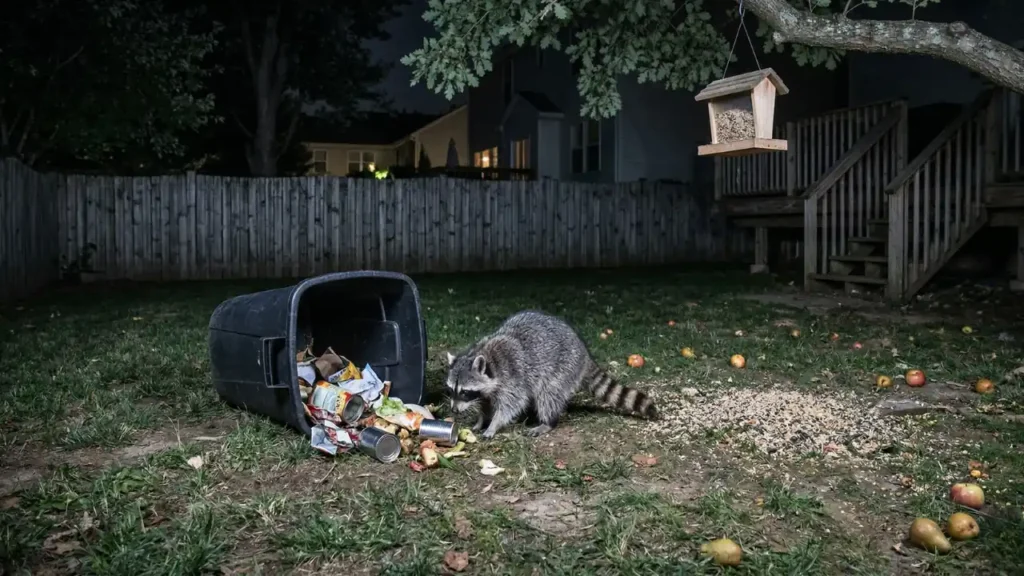 Raccoon in a backyard at night near a trash can, bird feeder, and fallen fruit, showing common food sources that attract raccoons.