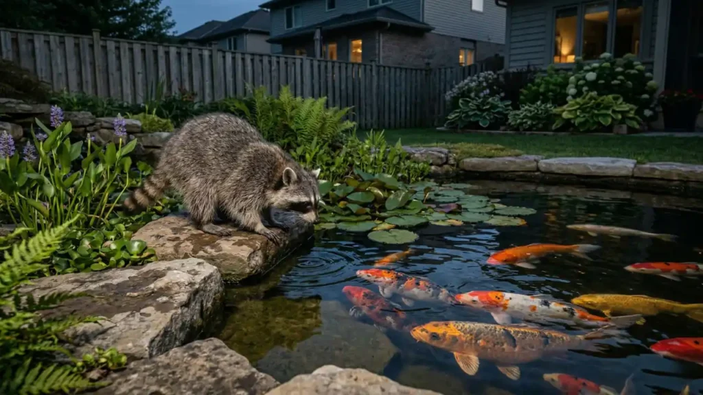 Raccoon at the edge of a backyard koi pond looking into shallow water where fish are easy to reach.