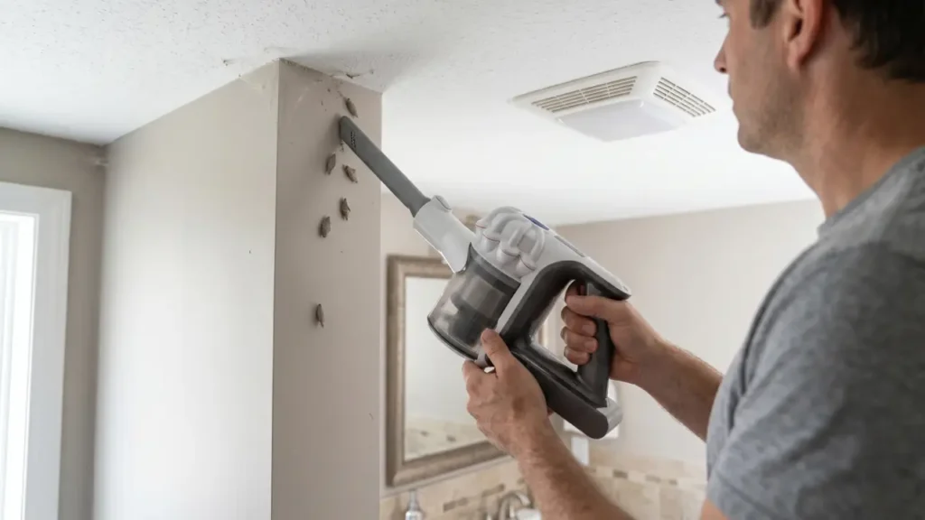 Handheld vacuum removing plaster bagworms and spider webs from a bathroom corner