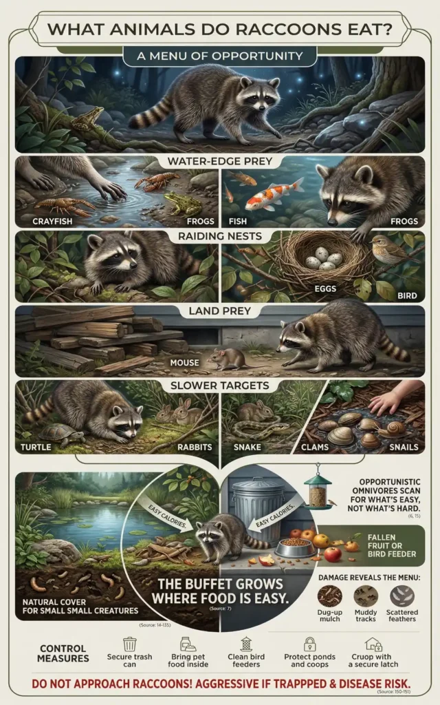 Infographic showing what animals raccoons eat, including fish, frogs, crayfish, birds, eggs, mice, rabbits, snakes, turtles, clams, and snails, plus backyard food sources that attract raccoons.