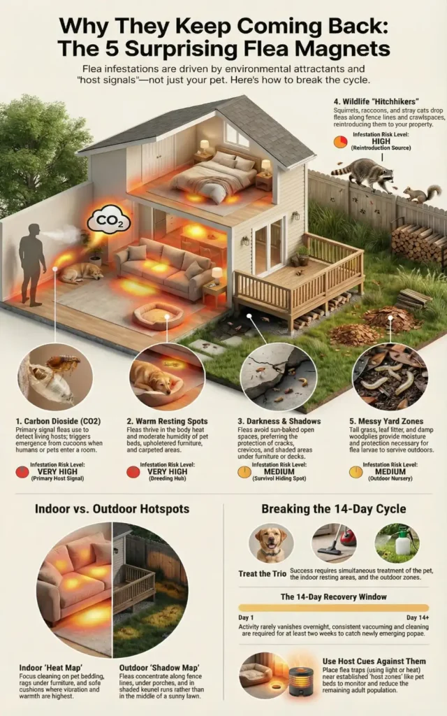 Infographic showing what attracts fleas the most in a home or yard, including carbon dioxide, warm resting spots, darkness and shadows, wildlife on property, messy yard zones, indoor and outdoor flea hotspots, and a 14-day flea control timeline.