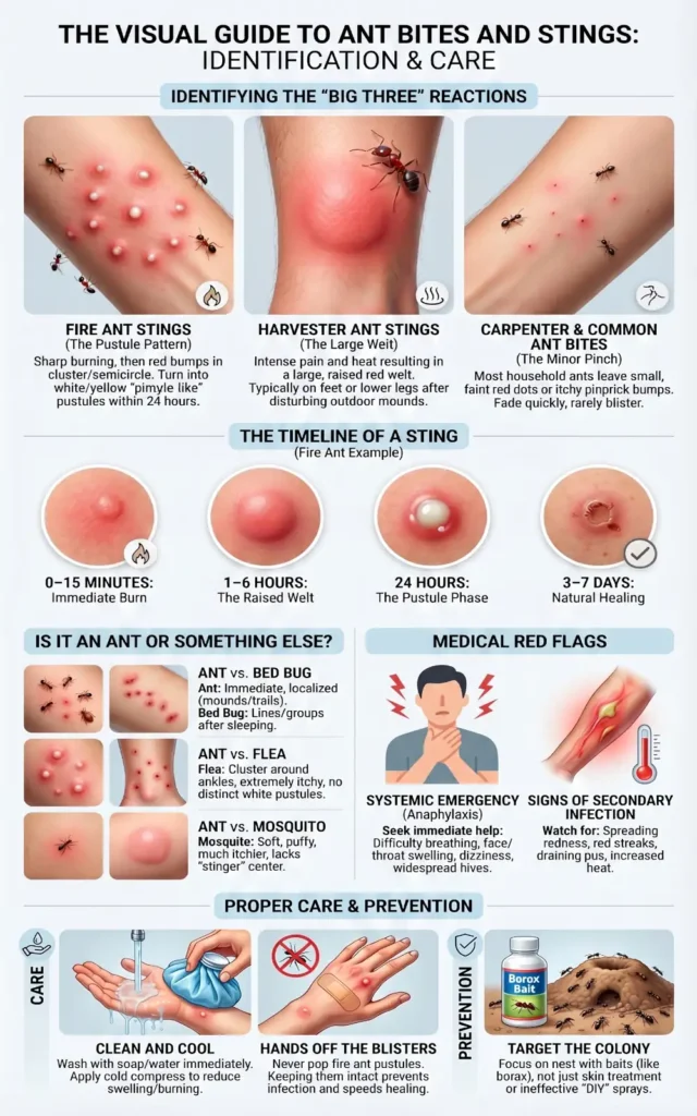 Infographic showing what ant bites and ant stings look like, including fire ant pustules, harvester ant welts, mild household ant bite bumps, reaction timeline, medical red flags, and treatment steps.