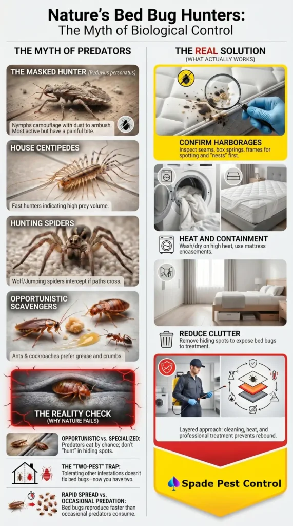 Infographic showing common bed bug predators like masked hunters, house centipedes, spiders, ants, and cockroaches, alongside the real bed bug treatment steps that actually work