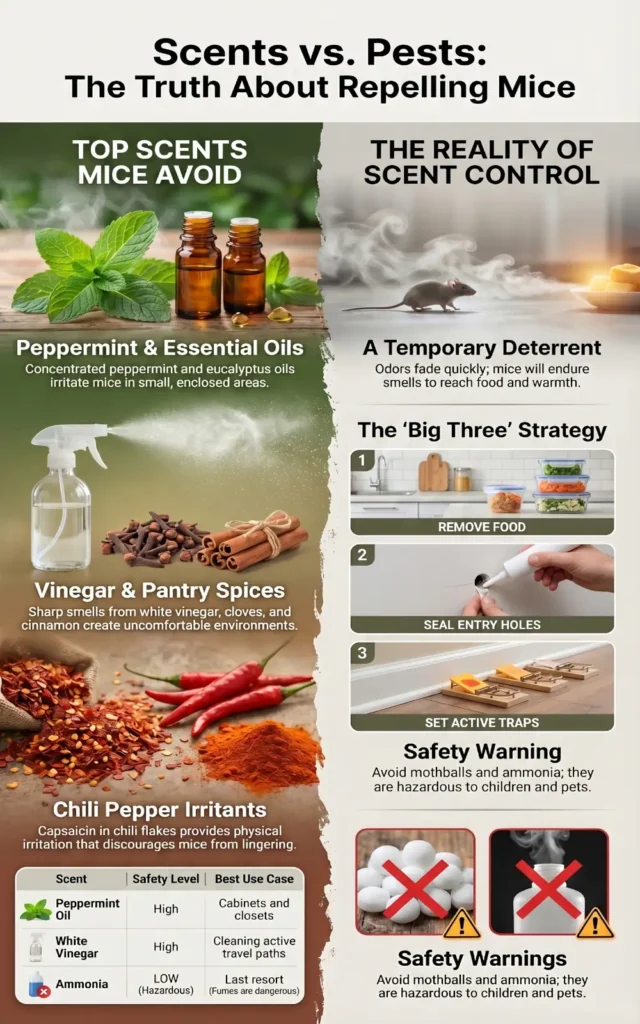 Infographic showing what scents mice hate, why odor repellents fail alone, and the 3-step strategy of removing food, sealing entry points, and setting traps