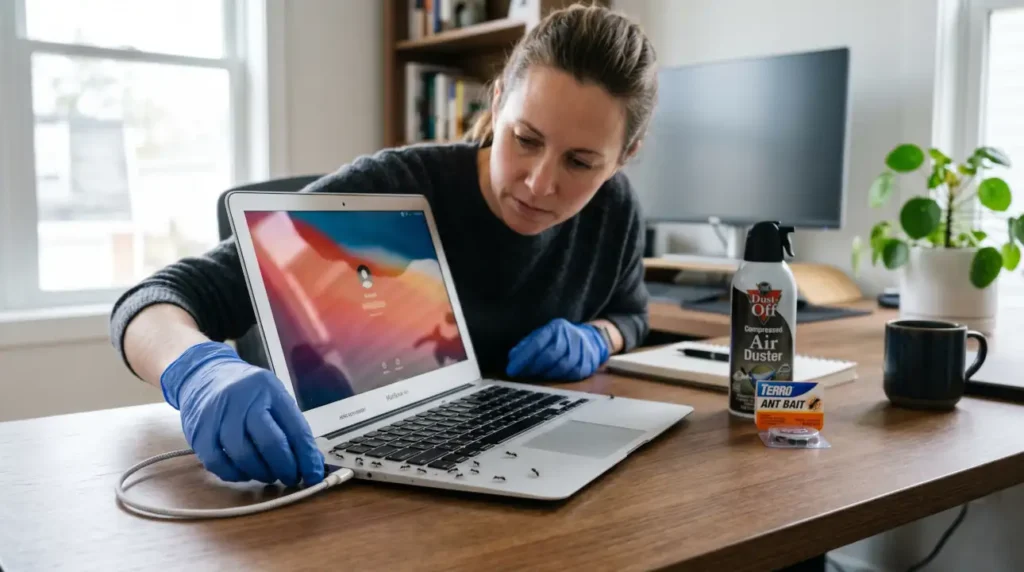 Homeowner safely unplugging a laptop with ants crawling near the keyboard and charging ports