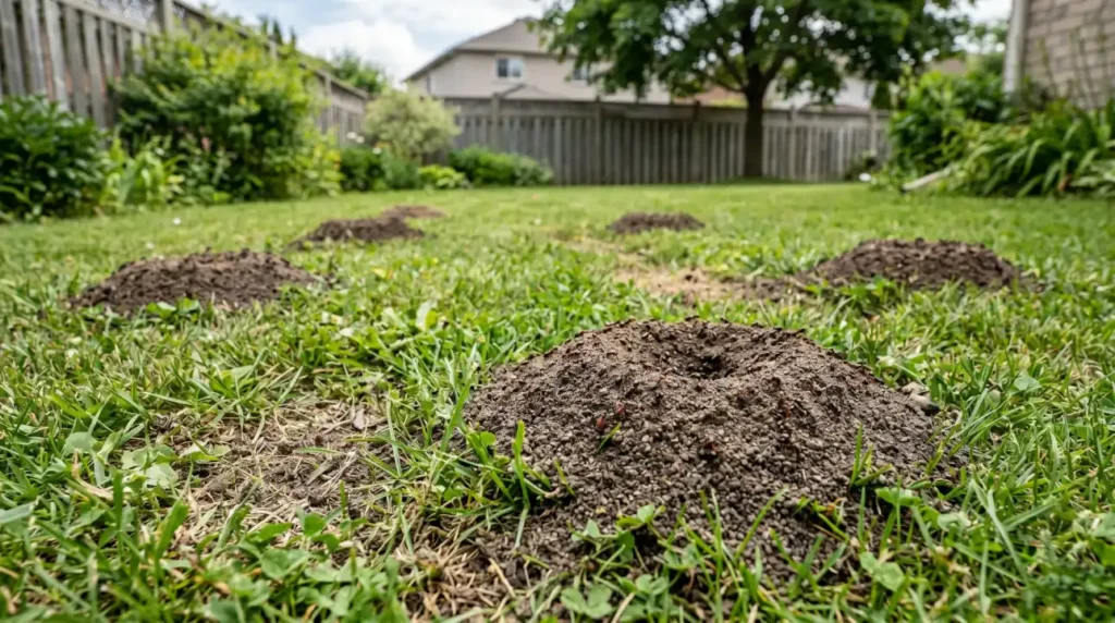 Multiple active ant mounds in a residential lawn with disturbed grass and loose soil buildup.