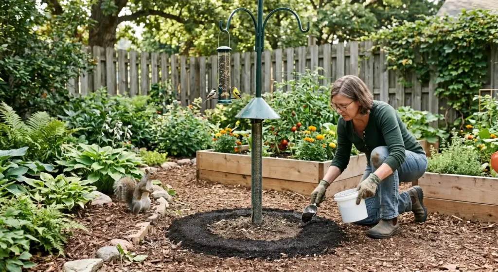 Homeowner placing coffee grounds around a bird feeder pole to discourage squirrels from digging and climbing.