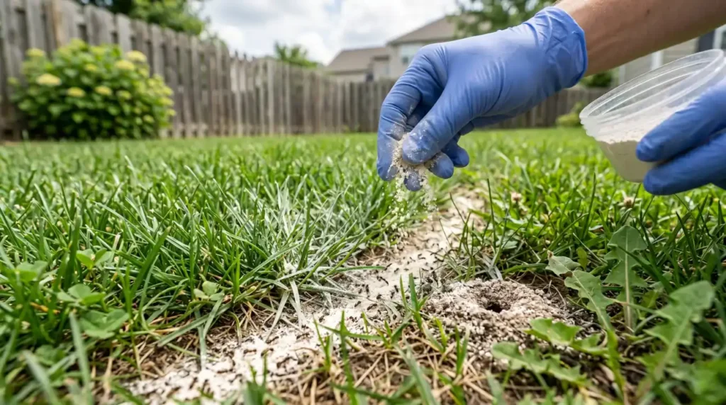 Homeowner applying food-grade diatomaceous earth around ant trails and mound openings in a grassy lawn.