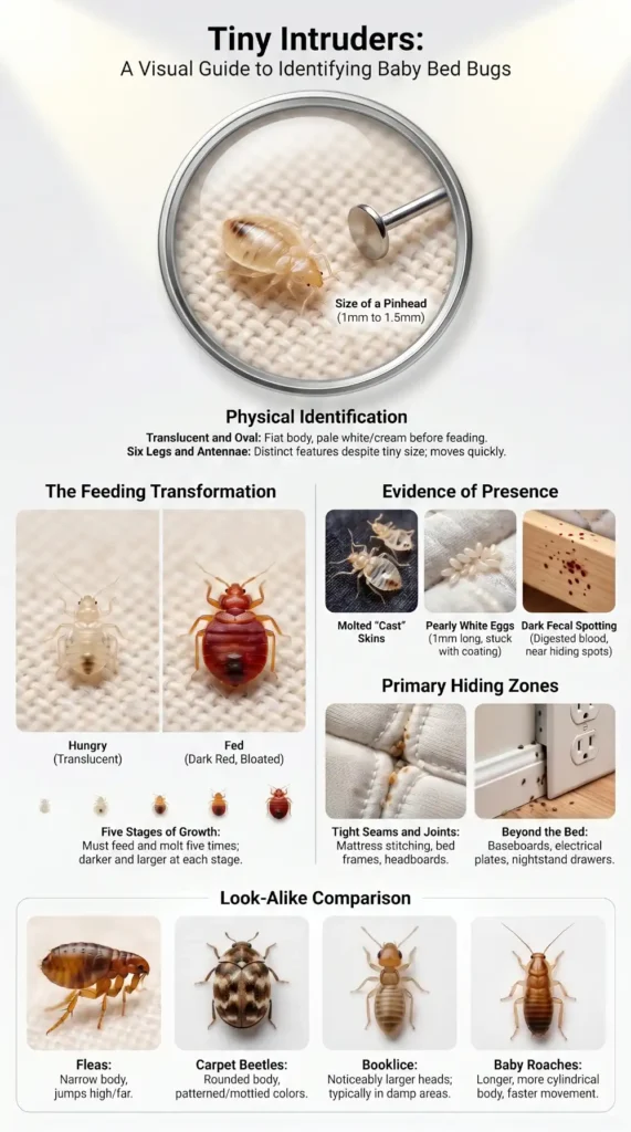 Infographic showing baby bed bugs (nymphs), size comparison, color changes after feeding, eggs, cast skins, hiding spots, and common look-alikes