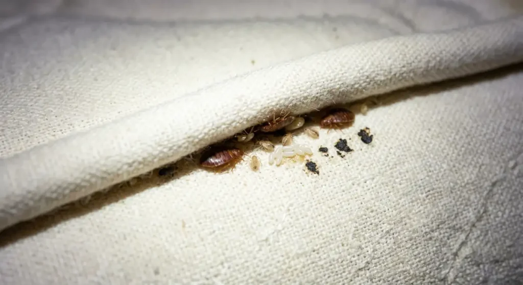 What a bed bug nest looks like inside a mattress seam with bed bugs, eggs, and fecal spots.