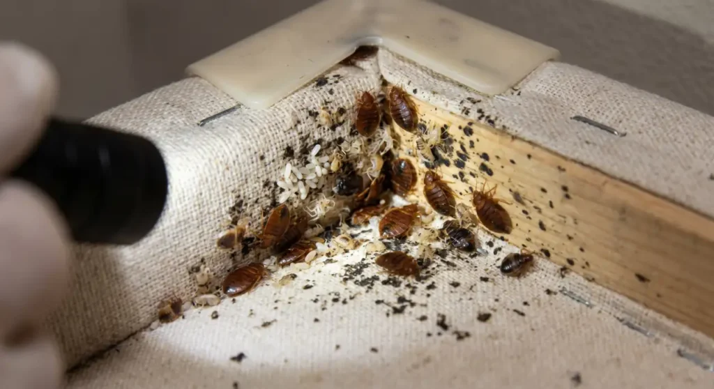 Established bed bug harborage with adult bed bugs, nymphs, eggs, shed skins, and concentrated fecal spotting.