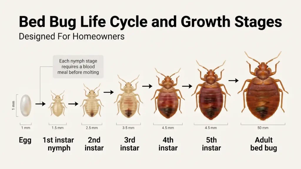 Bed bug life cycle infographic showing eggs, five nymph stages, and adult development