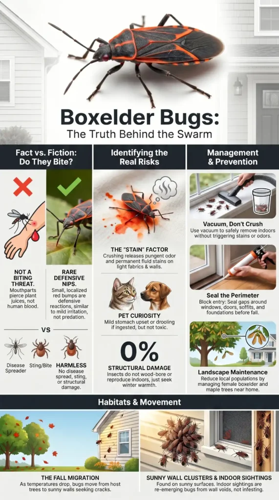 Infographic explaining that boxelder bugs are nuisance pests, not typical biting pests, with bite facts, pet safety, and prevention tips for homeowners.