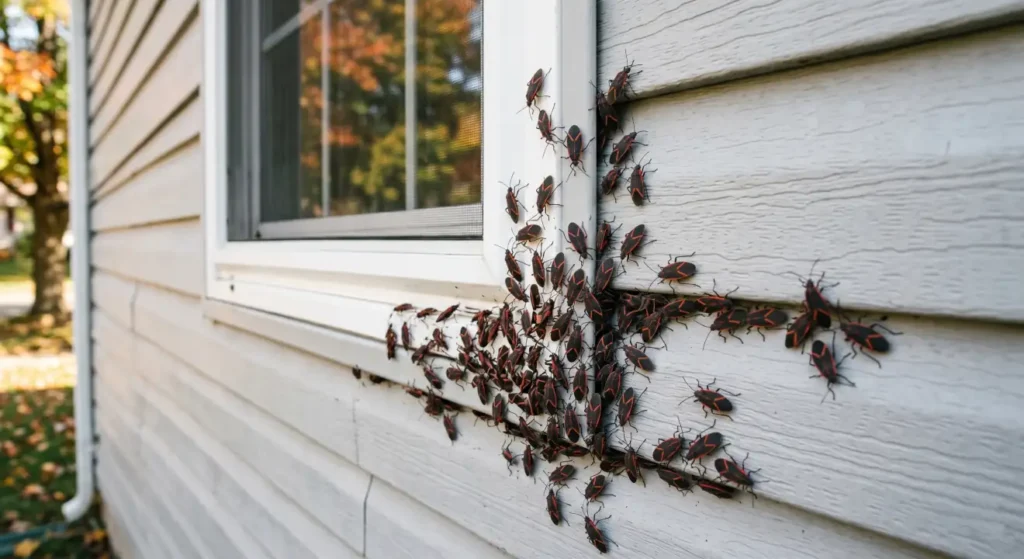 Boxelder bugs clustering on a sunny exterior wall near a window and siding of a home
