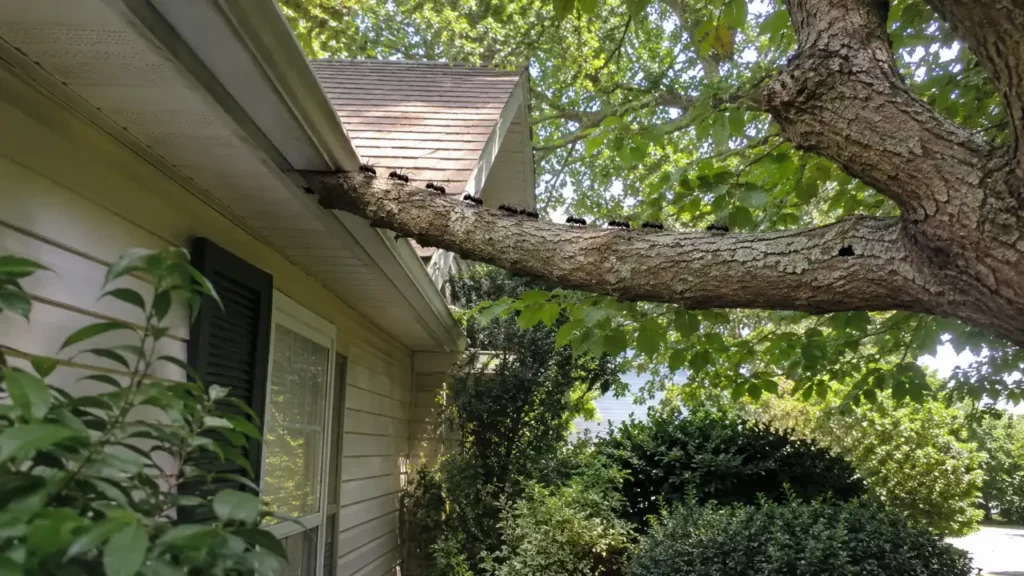 Carpenter ants traveling along tree branches that reach a nearby house.
