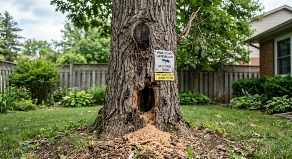Tree showing carpenter ant warning signs including sawdust piles, bark damage, cavities, and ant activity.