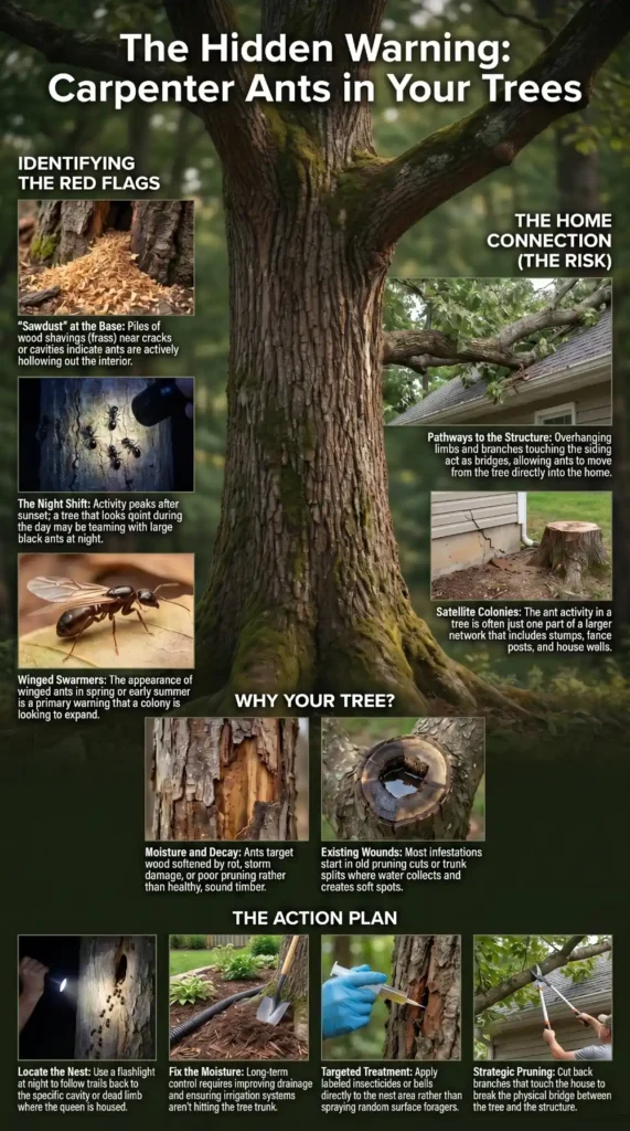 Infographic showing signs of carpenter ants in trees including sawdust piles, nighttime activity, tree decay, satellite colonies, and pathways from tree branches into nearby homes.