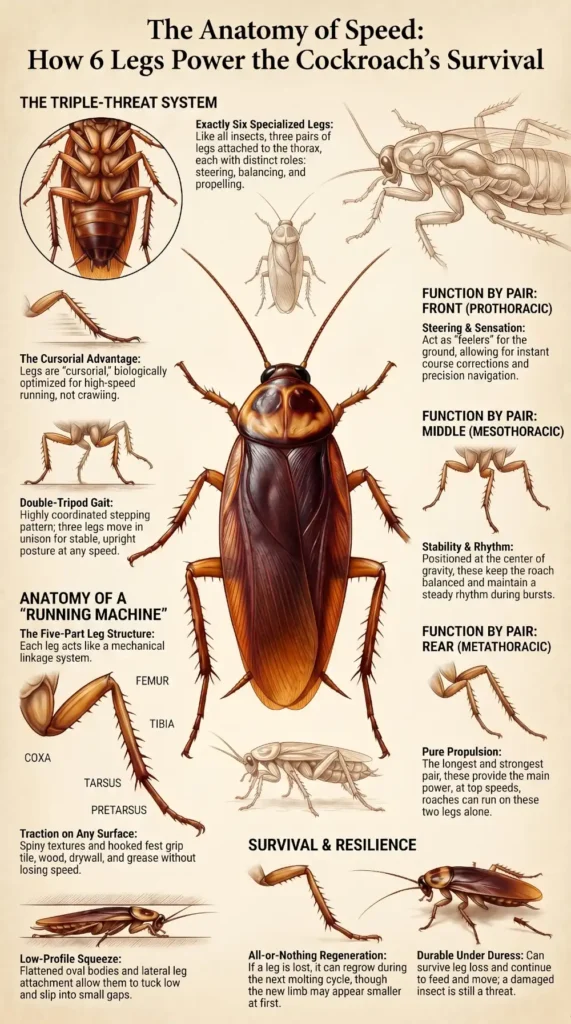Infographic showing cockroach leg anatomy, six-leg structure, propulsion, balance, traction, and survival functions inside homes