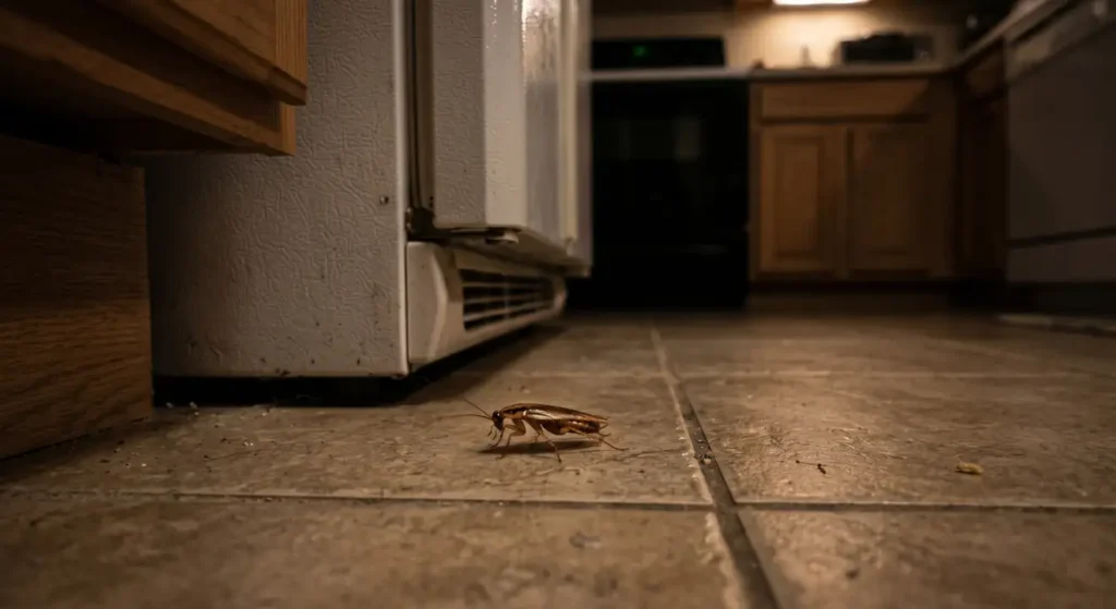 German cockroach running under a refrigerator in a kitchen at night