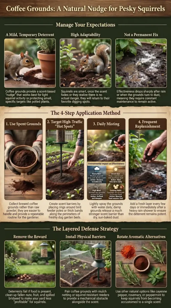 Infographic showing how coffee grounds can temporarily repel squirrels using scent barriers, daily misting, replenishment, and layered garden defense methods.