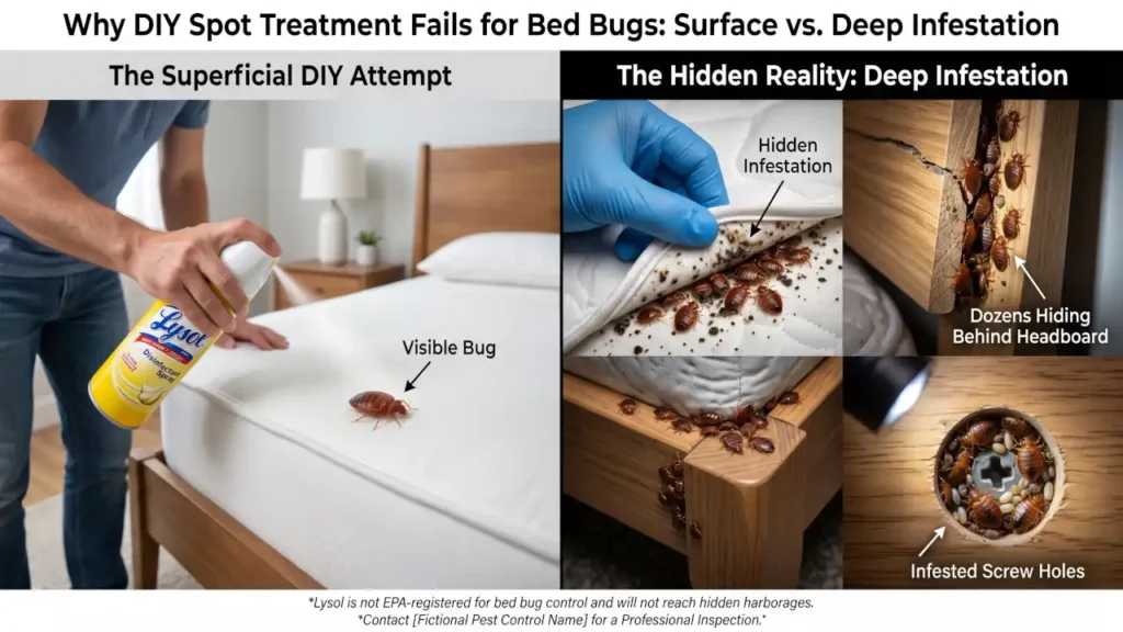 Comparison showing a visible bed bug on a mattress and hidden bed bug infestations inside mattress seams, bed frames, headboards, and screw holes.