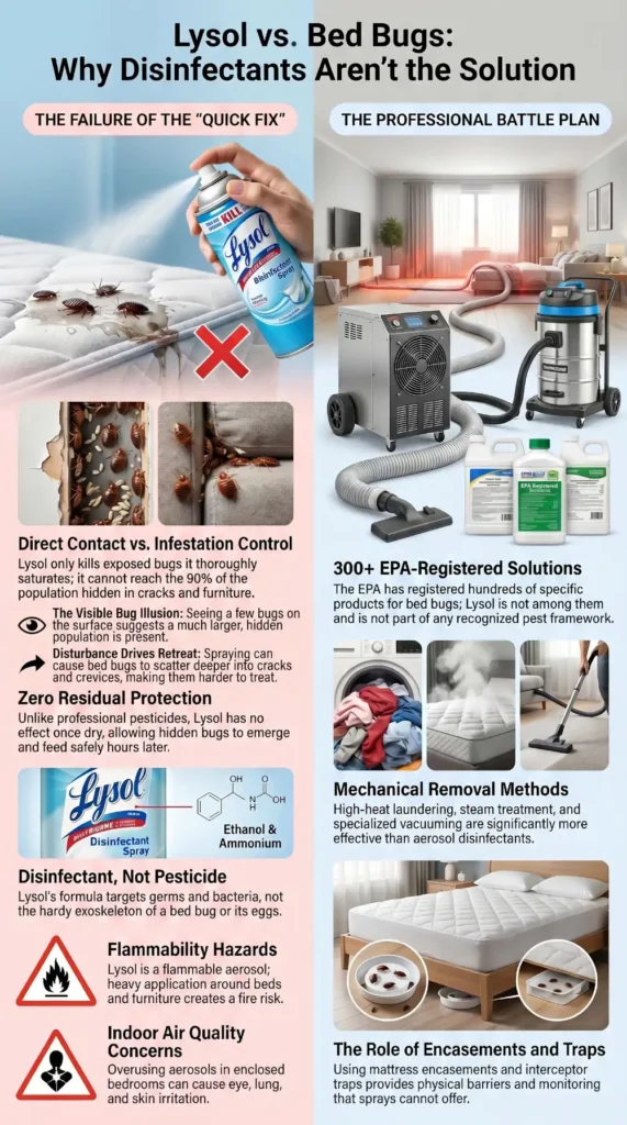 Infographic comparing Lysol and professional bed bug treatment methods, showing why disinfectants do not eliminate bed bug infestations.