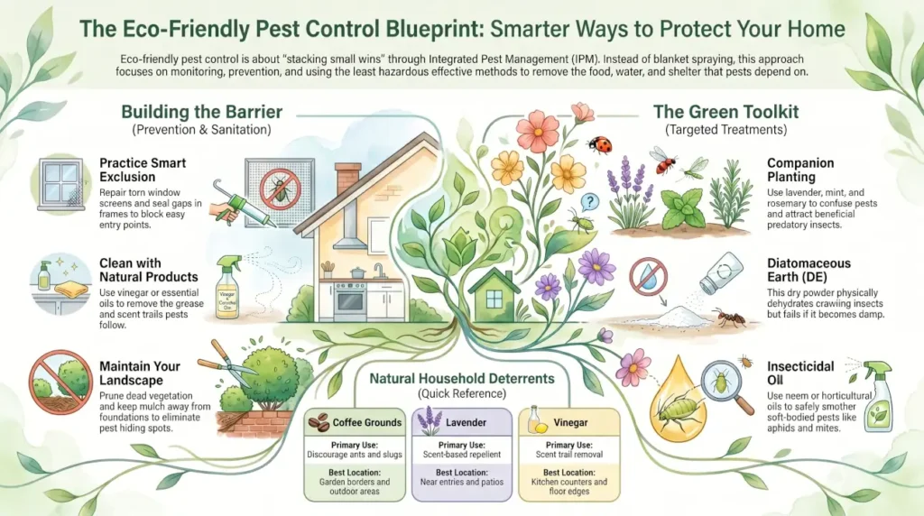 Infographic showing eco-friendly pest control methods including exclusion, companion planting, diatomaceous earth, insecticidal oils, sanitation, and natural deterrents.