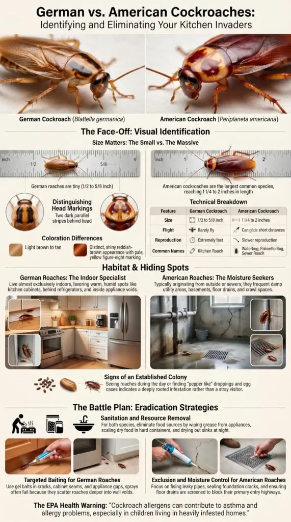 German vs American cockroaches infographic showing size, markings, habitat differences, hiding spots, and treatment methods