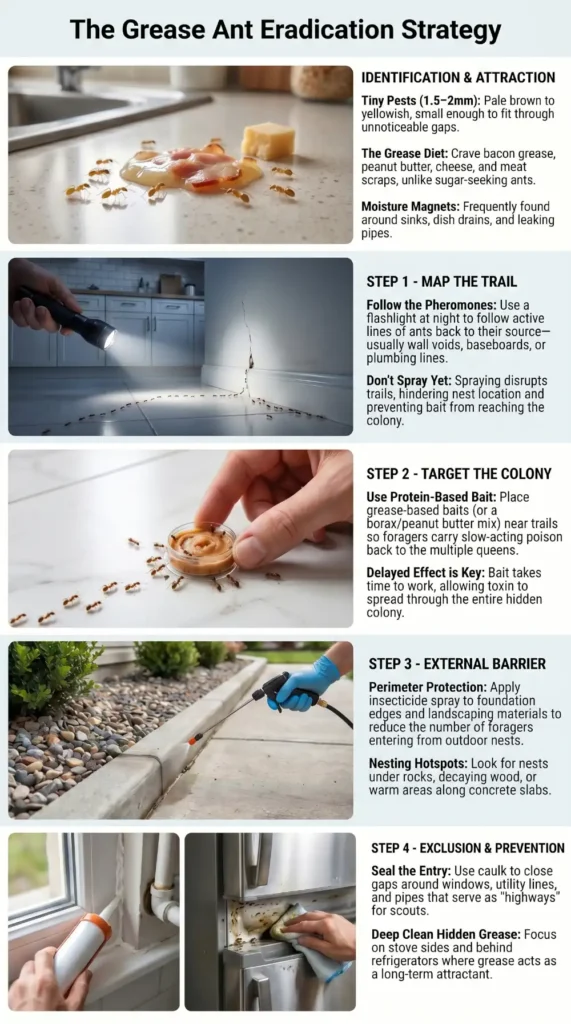 Step-by-step grease ant control infographic showing baiting, trail tracking, outdoor treatment, and prevention methods.