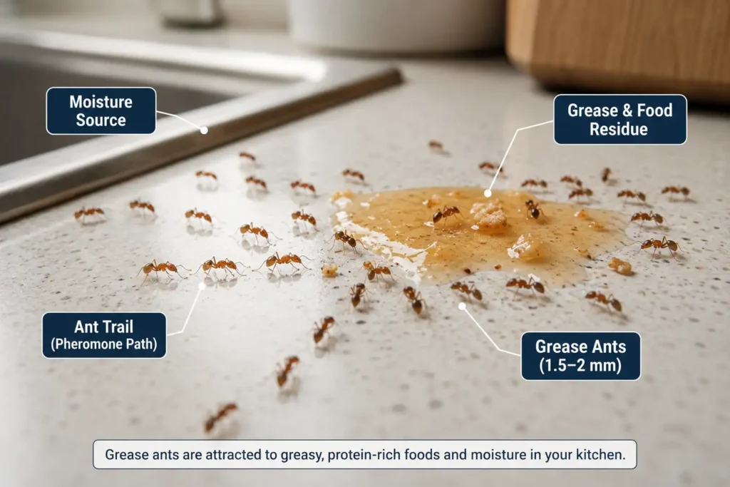 Grease ants following a trail toward greasy food residue on a kitchen countertop near a sink.