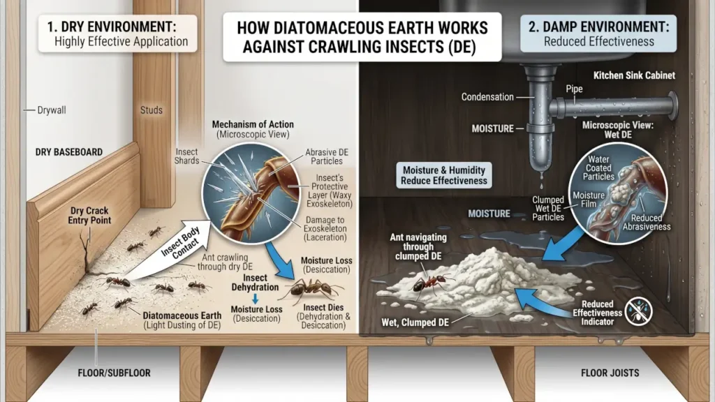 Diagram showing how diatomaceous earth affects crawling insects and why moisture reduces effectiveness.