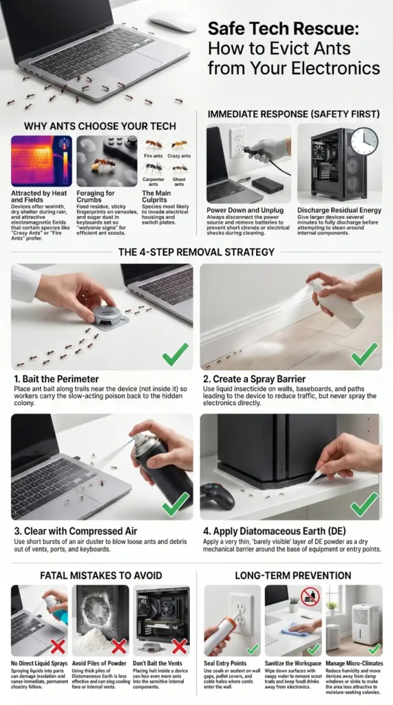 Step-by-step infographic showing how to get ants out of electronics safely using bait, compressed air, perimeter spray, and diatomaceous earth
