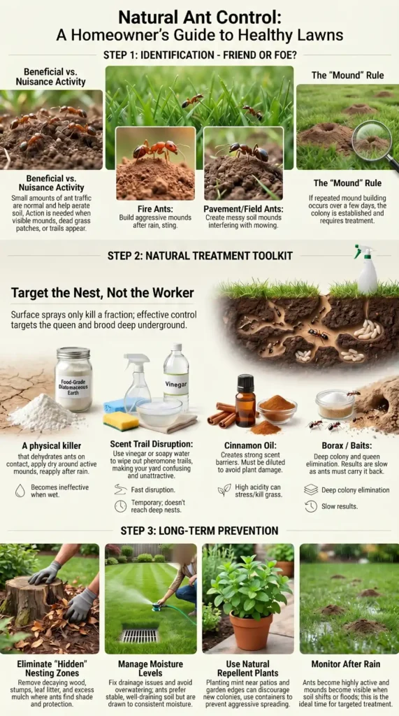 Infographic showing how to get rid of ants in your lawn naturally using diatomaceous earth, vinegar, cinnamon oil, bait treatments, and long-term lawn prevention methods.
