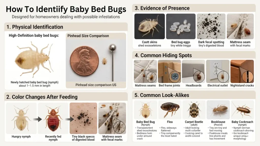 Infographic showing baby bed bug appearance, color changes, signs of infestation, hiding places, and look-alike insects