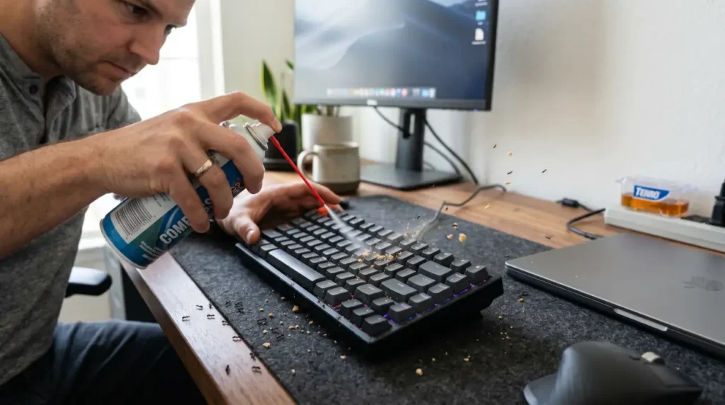 Using compressed air to safely remove ants and debris from electronics without liquid sprays