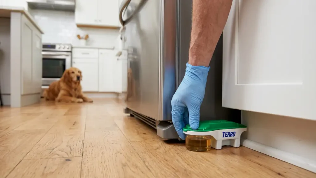 Hand placing a TERRO liquid ant bait station behind a refrigerator to keep it out of reach of dogs and cats.