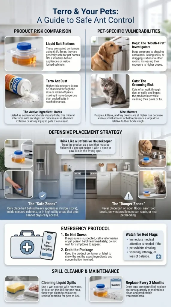 Infographic showing how to use TERRO ant bait safely around dogs and cats, including bait placement, pet risks, emergency steps, and spill cleanup guidance.