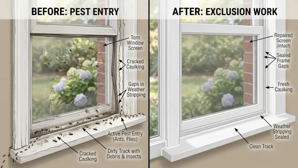 Home window inspection showing torn screens, cracked caulking, gaps, and weather stripping that allow pests to enter.