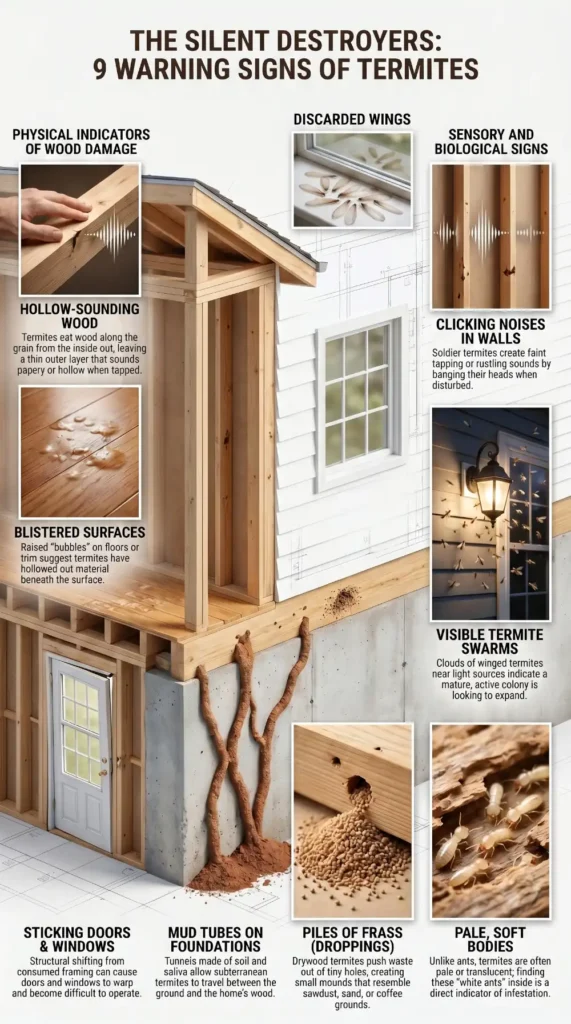 Infographic showing common signs of termites including mud tubes, frass droppings, discarded wings, hollow wood, blistered surfaces, termite swarms, sticking doors and windows, termite bodies, and clicking sounds inside walls.