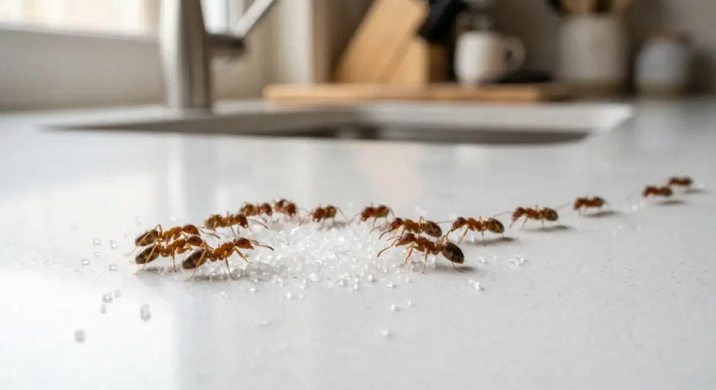Ants gathering around spilled sugar on a kitchen countertop.