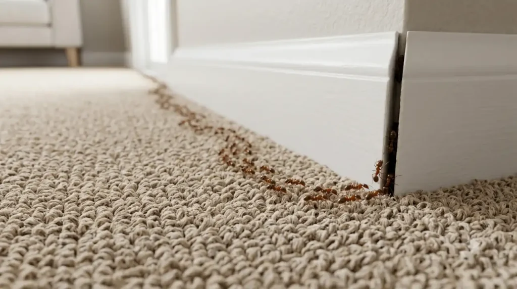 Ants following a trail along the edge of a carpet and baseboard inside a home.
