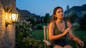 Woman sitting on a patio near a porch light while mosquitoes are attracted by body heat, carbon dioxide, and scent rather than the light itself.