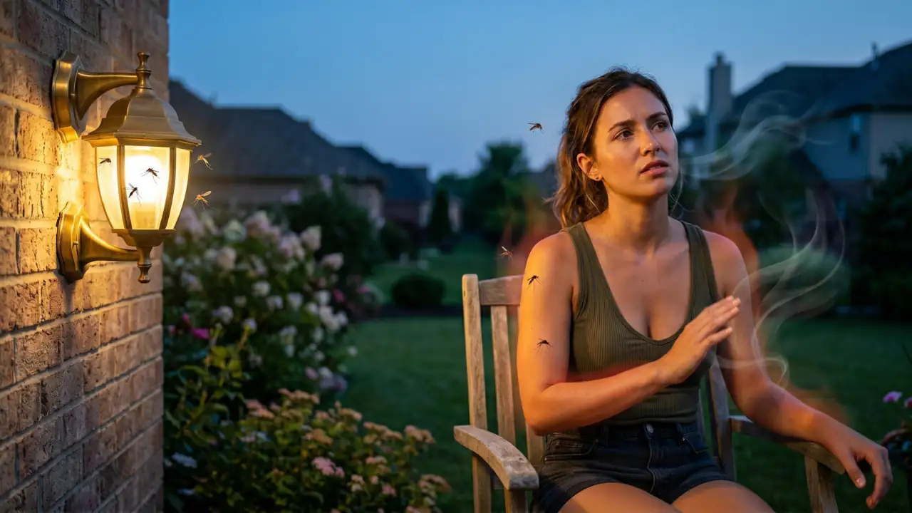 Woman sitting on a patio near a porch light while mosquitoes are attracted by body heat, carbon dioxide, and scent rather than the light itself.