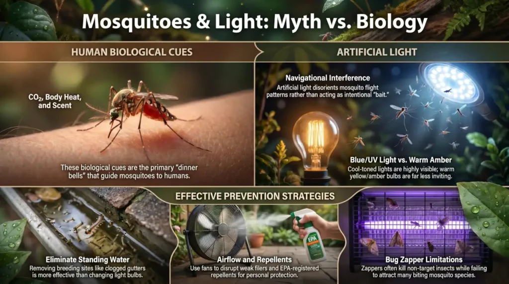 Infographic showing that mosquitoes are more attracted to carbon dioxide, body heat, and human scent than artificial light, with mosquito prevention tips including standing water removal, fans, repellents, and bug zapper limitations.