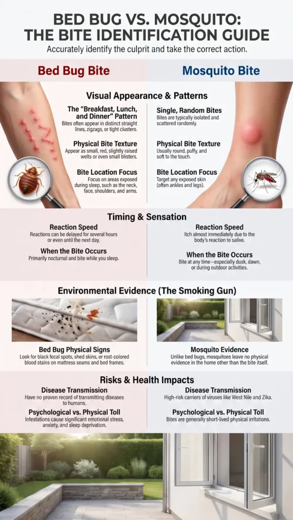 Comparison infographic showing the differences between bed bug bites and mosquito bites, including bite patterns, timing, physical appearance, environmental signs, and health risks.