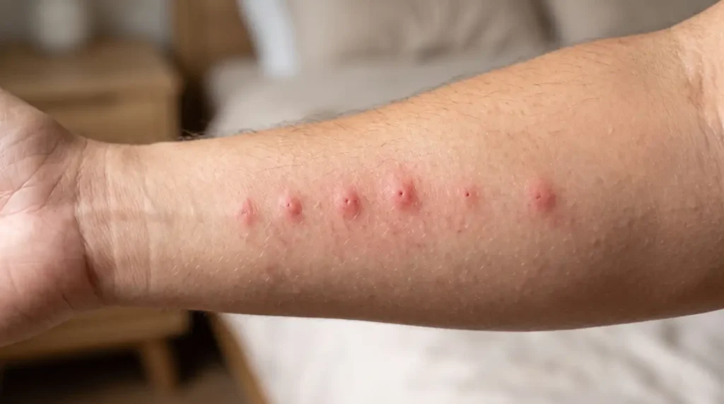 Bed bug bites appearing in a line and small cluster on an adult's forearm.