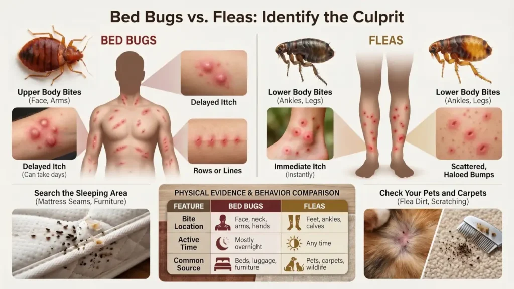 Bed bug bites vs flea bites comparison showing bite locations, bite patterns, itching timelines, and signs of infestation.
