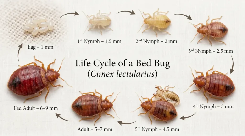 Life cycle of a bed bug showing eggs, five nymph stages, molting development, and adult bed bugs before and after feeding.